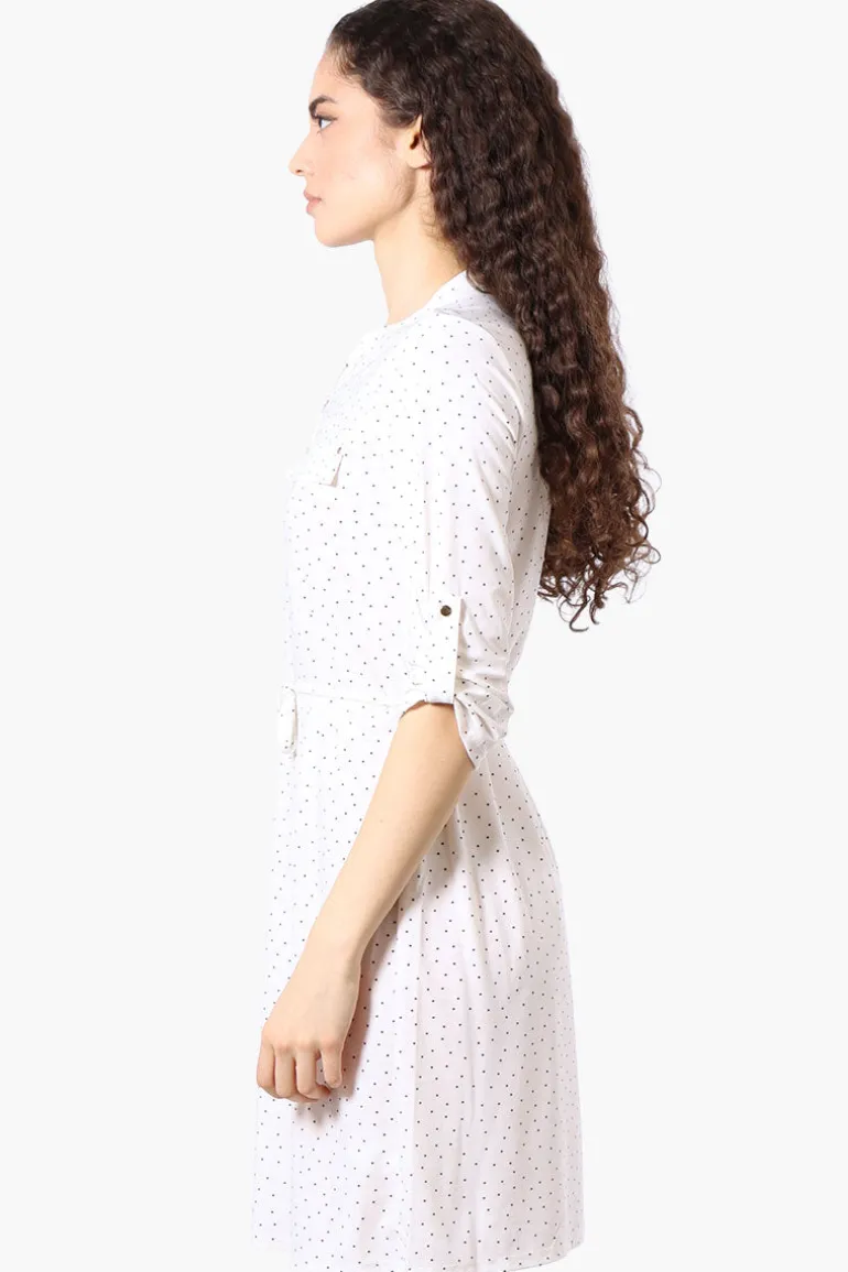 Beecher Brook Dotted Roll Up Sleeve Day Dress - White