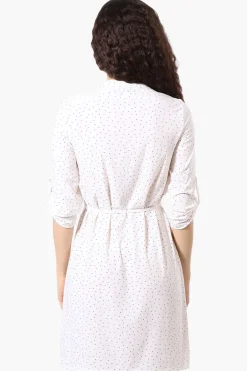Beecher Brook Dotted Roll Up Sleeve Day Dress - White