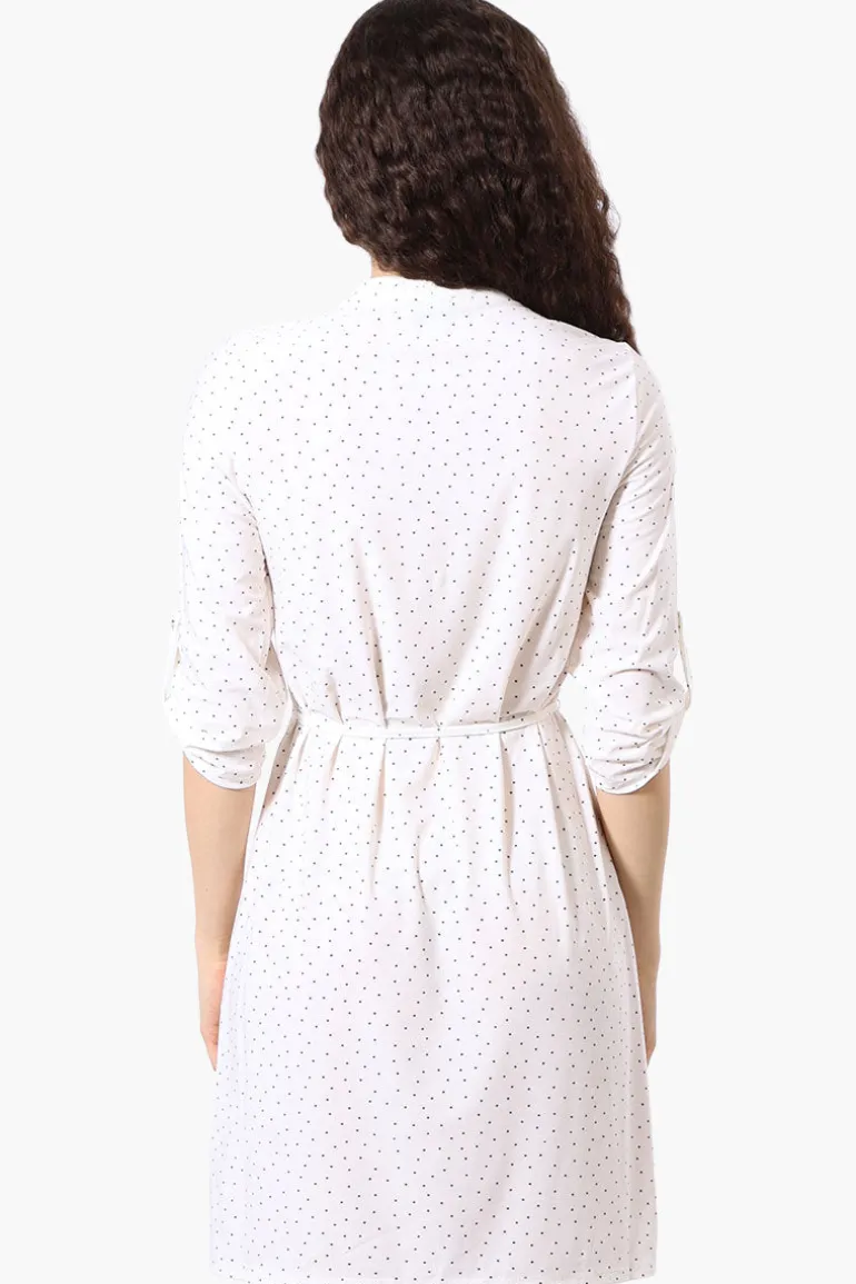 Beecher Brook Dotted Roll Up Sleeve Day Dress - White
