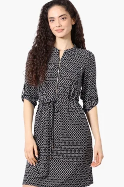 Beecher Brook Patterned Roll Up Sleeve Day Dress - Black
