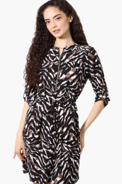 Beecher Brook Patterned Roll Up Sleeve Day Dress - Black