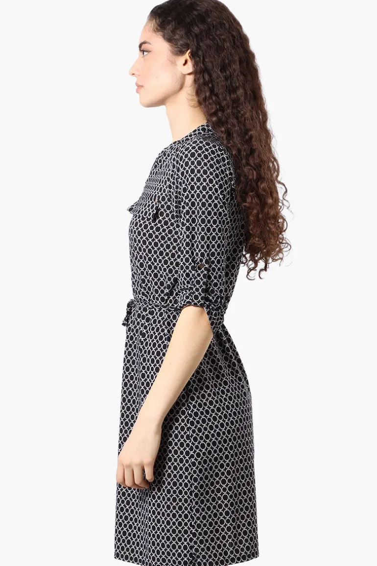 Beecher Brook Patterned Roll Up Sleeve Day Dress - Black