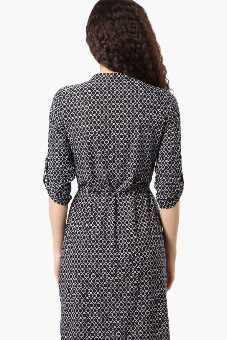 Beecher Brook Patterned Roll Up Sleeve Day Dress - Black