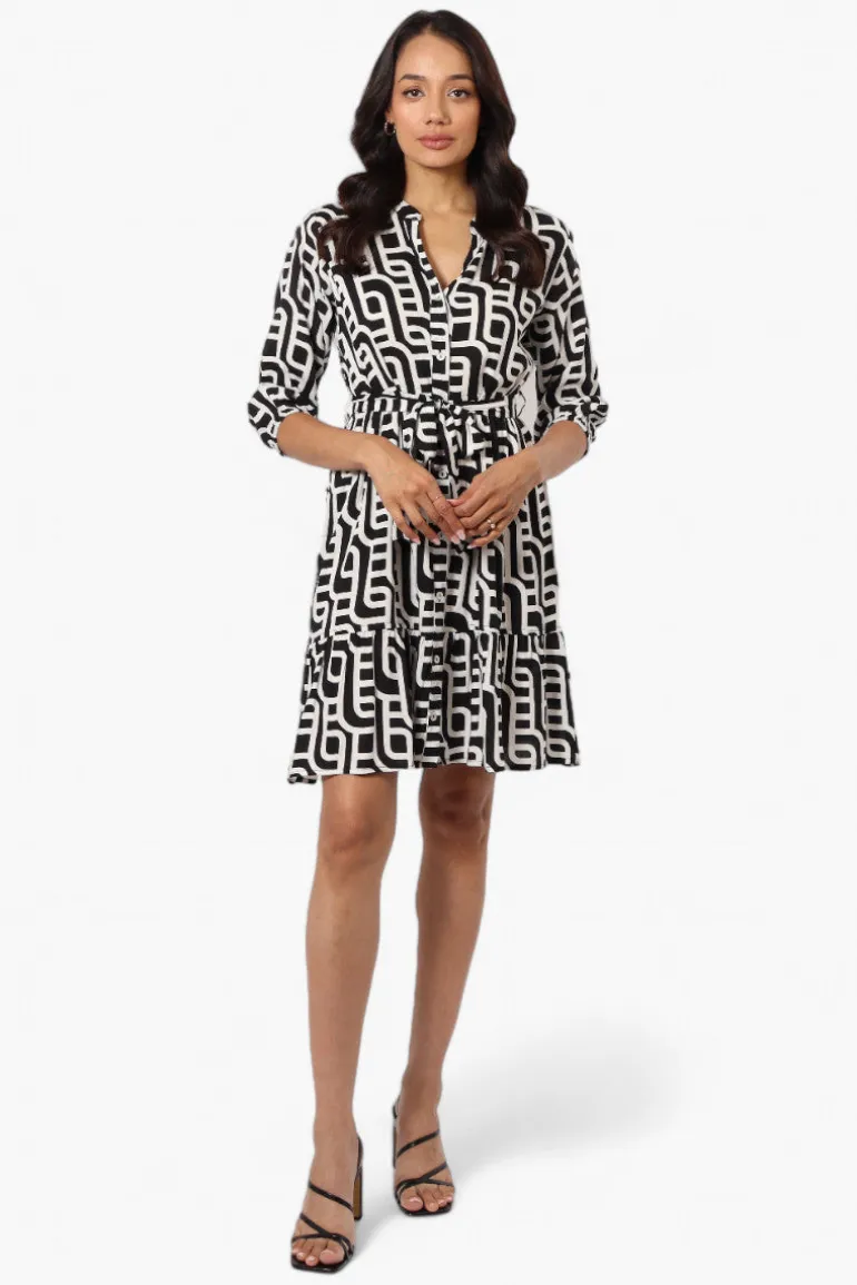 Beechers Brook Belted Patterned Button Down Day Dress - Black