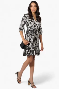 Beechers Brook Belted Patterned Button Down Day Dress - Black