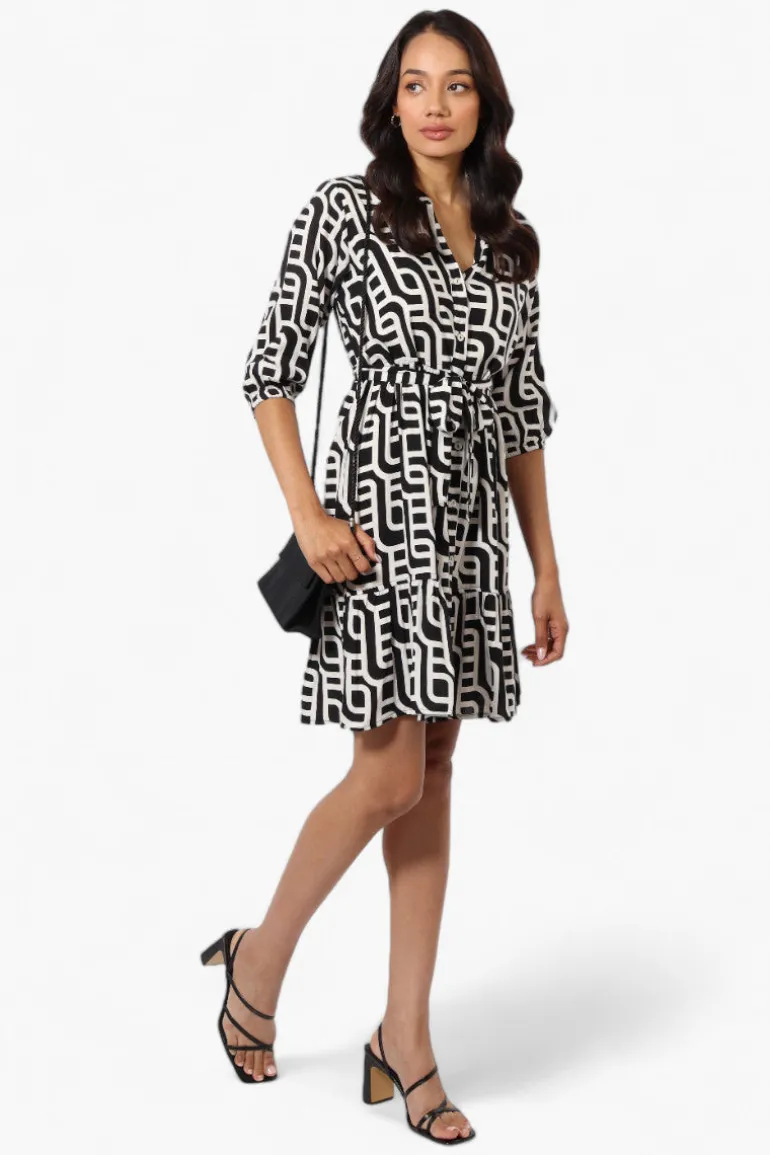 Beechers Brook Belted Patterned Button Down Day Dress - Black