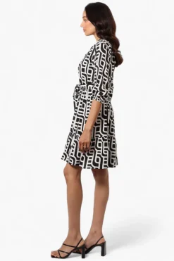 Beechers Brook Belted Patterned Button Down Day Dress - Black