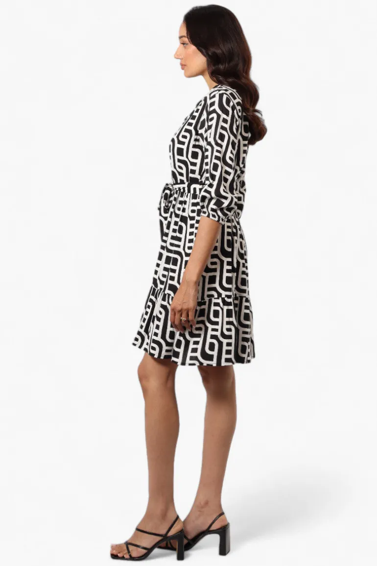 Beechers Brook Belted Patterned Button Down Day Dress - Black