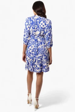 Beechers Brook Belted Patterned Button Down Day Dress - Blue