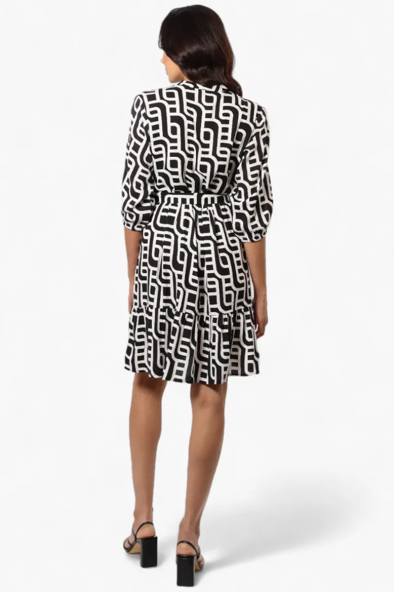 Beechers Brook Belted Patterned Button Down Day Dress - Black
