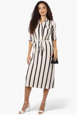 Beechers Brook Belted Striped Roll Up Sleeve Maxi Dress - White