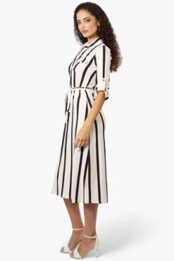 Beechers Brook Belted Striped Roll Up Sleeve Maxi Dress - White