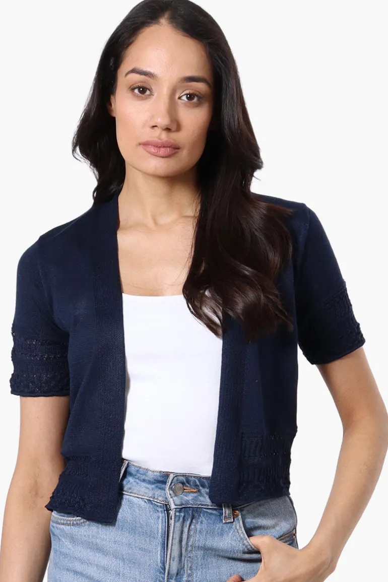 Beechers Brook Crochet Detail Open Shrug Cardigan - Navy