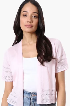Beechers Brook Crochet Detail Open Shrug Cardigan - Blush
