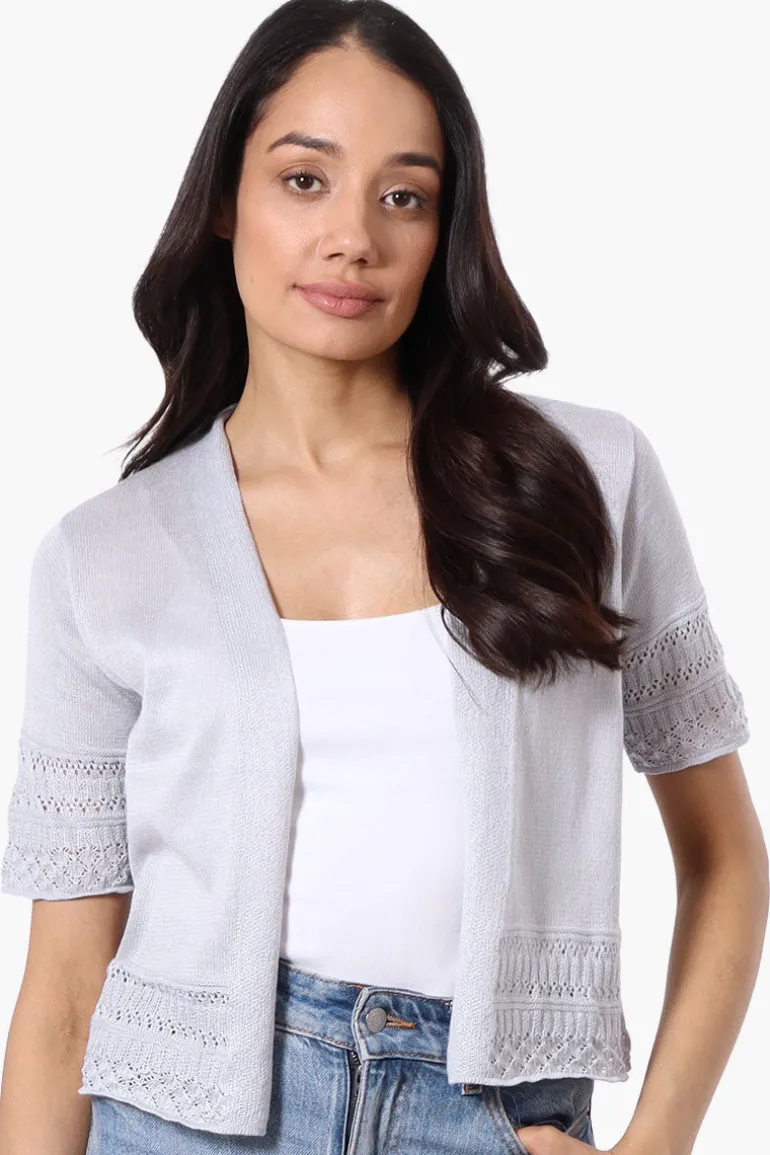 Beechers Brook Crochet Detail Open Shrug Cardigan - Grey