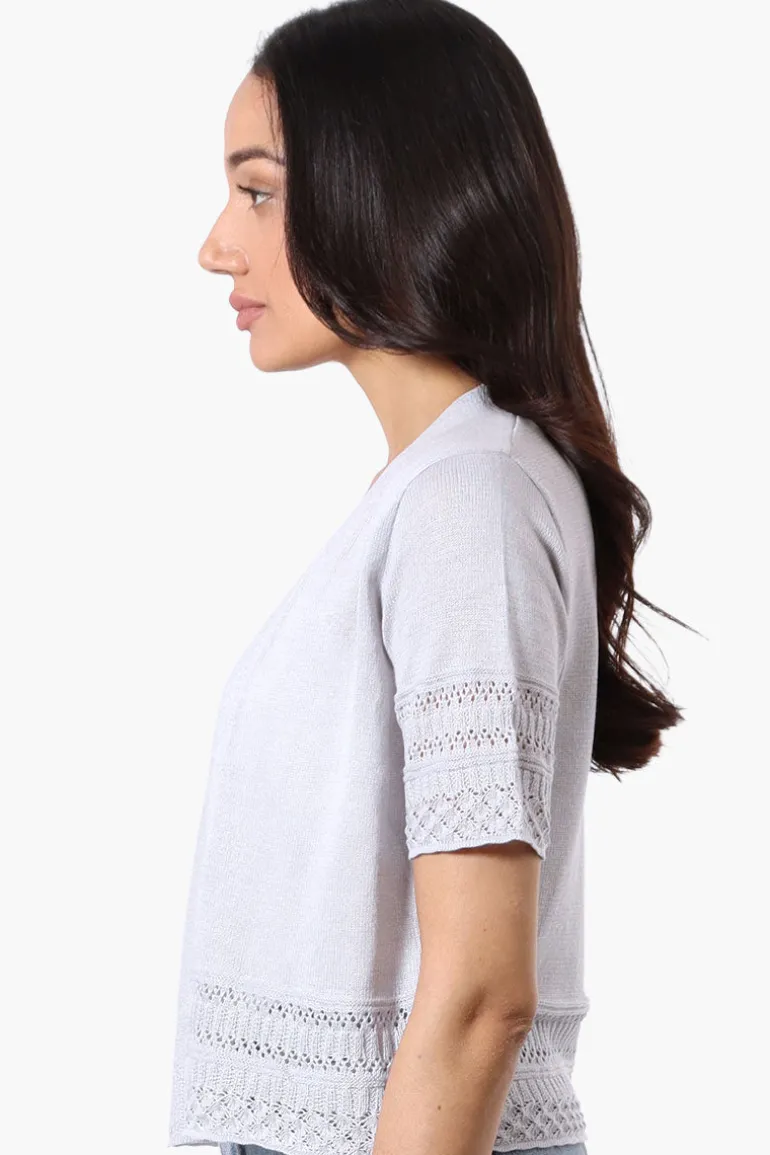 Beechers Brook Crochet Detail Open Shrug Cardigan - Grey