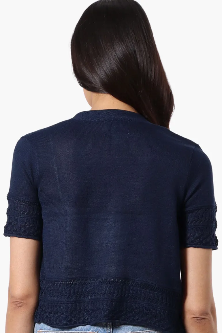 Beechers Brook Crochet Detail Open Shrug Cardigan - Navy