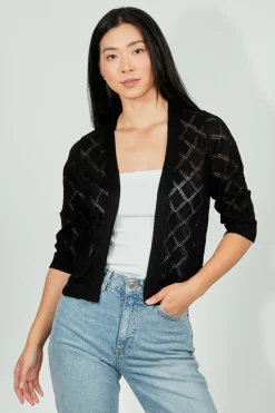 Beechers Brook Diamond Knit 3/4 Sleeve Open Cardigan - Black