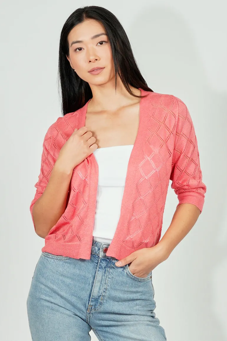 Beechers Brook Diamond Knit 3/4 Sleeve Open Cardigan - Pink