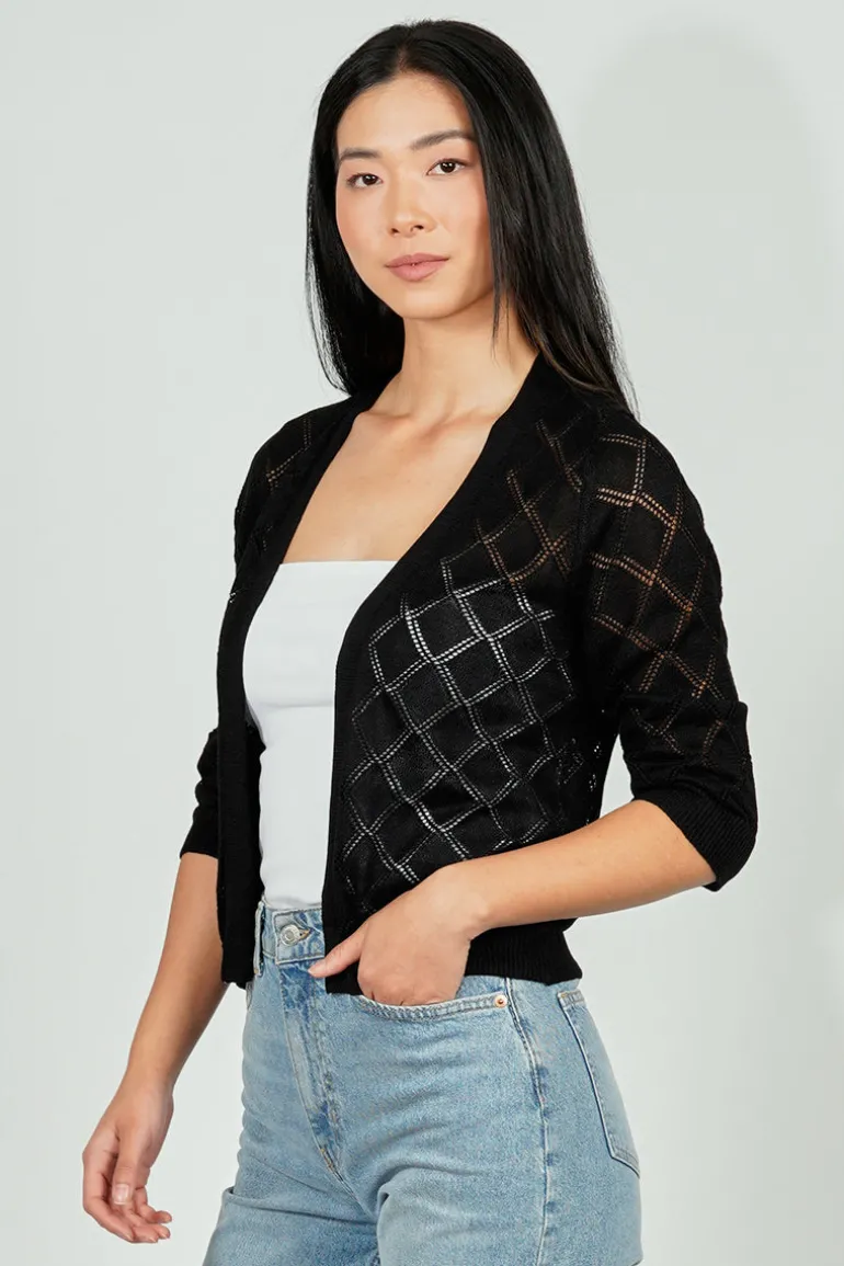 Beechers Brook Diamond Knit 3/4 Sleeve Open Cardigan - Black