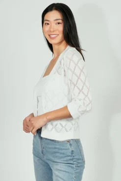 Beechers Brook Diamond Knit 3/4 Sleeve Open Cardigan - White