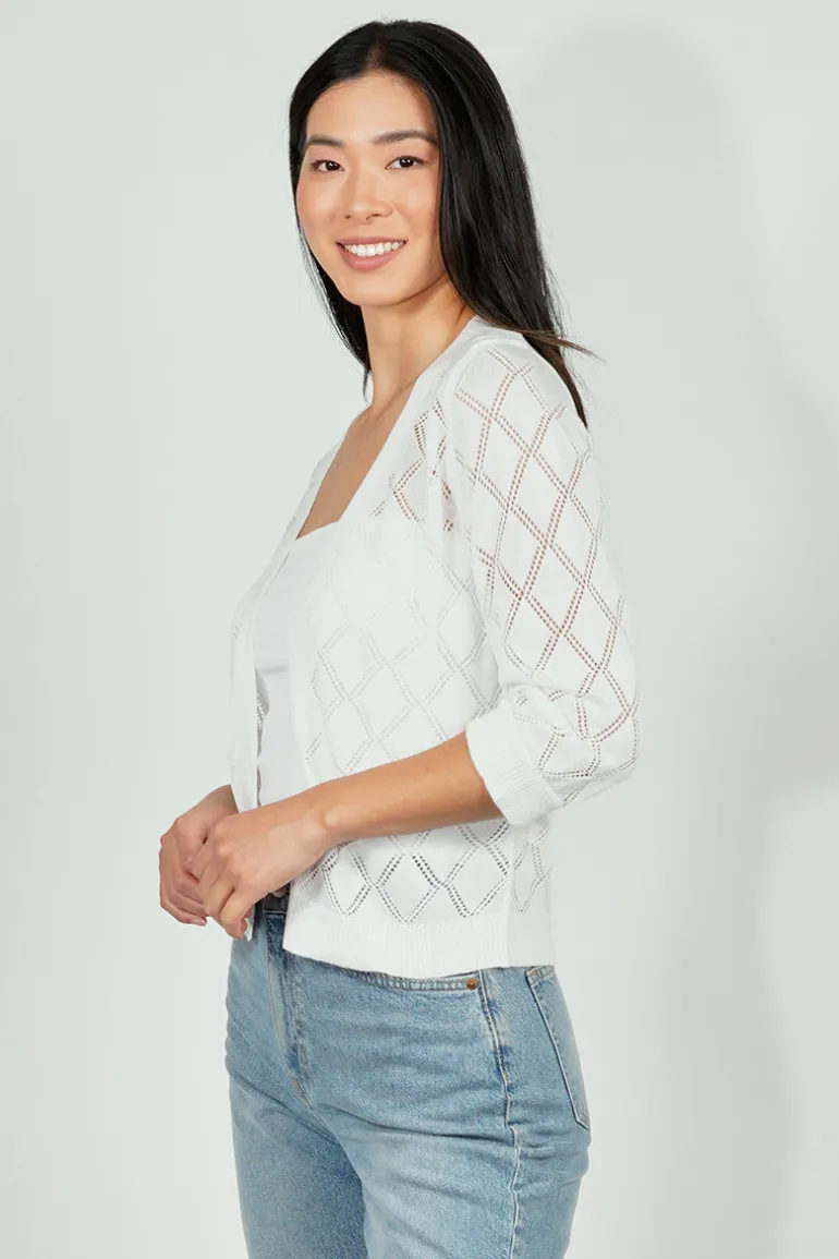 Beechers Brook Diamond Knit 3/4 Sleeve Open Cardigan - White