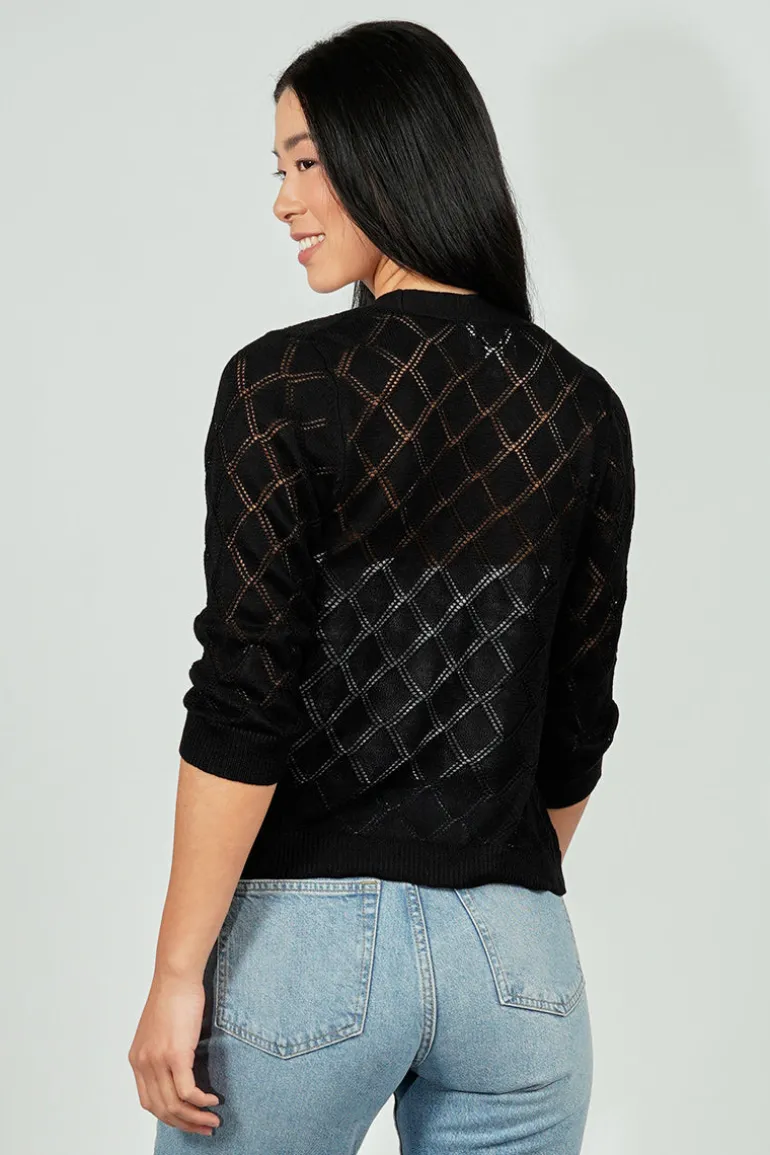 Beechers Brook Diamond Knit 3/4 Sleeve Open Cardigan - Black
