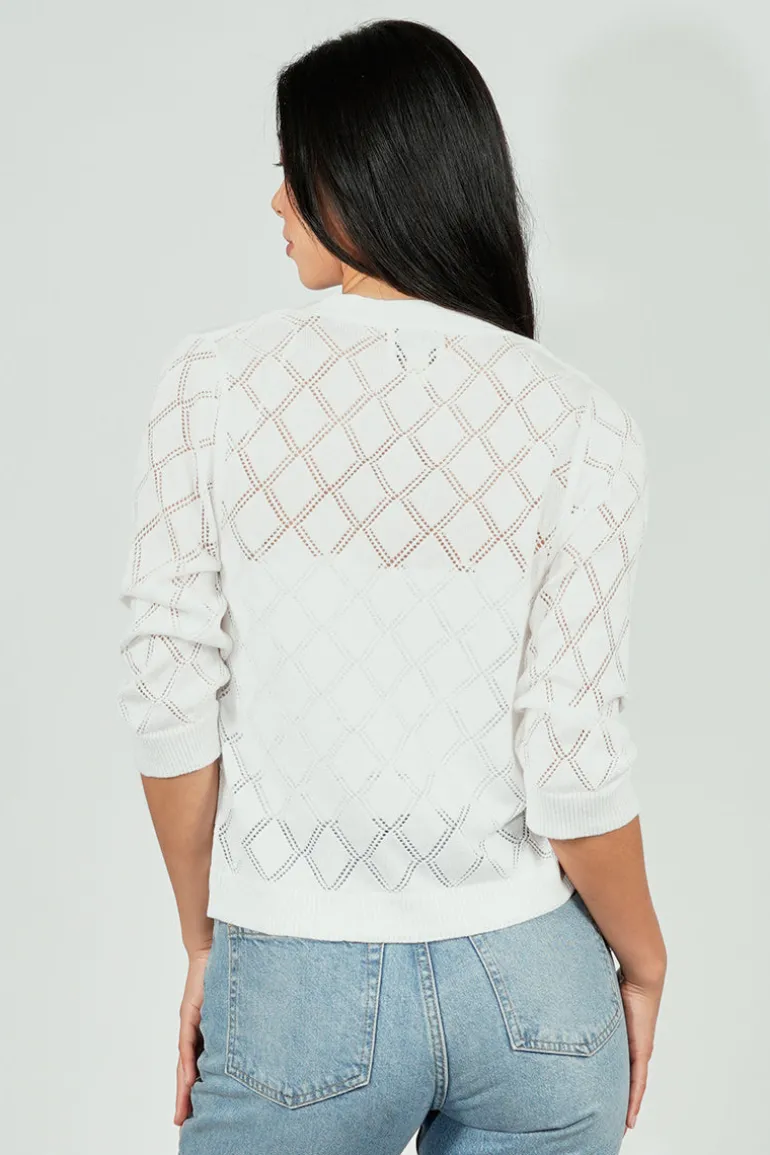 Beechers Brook Diamond Knit 3/4 Sleeve Open Cardigan - White