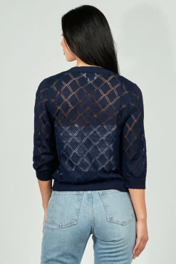 Beechers Brook Diamond Knit 3/4 Sleeve Open Cardigan - Navy
