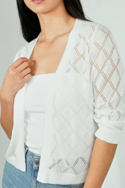 Beechers Brook Diamond Knit 3/4 Sleeve Open Cardigan - White
