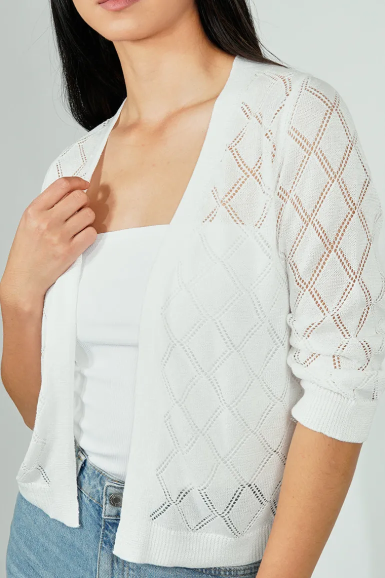 Beechers Brook Diamond Knit 3/4 Sleeve Open Cardigan - White