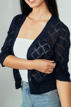 Beechers Brook Diamond Knit 3/4 Sleeve Open Cardigan - Navy