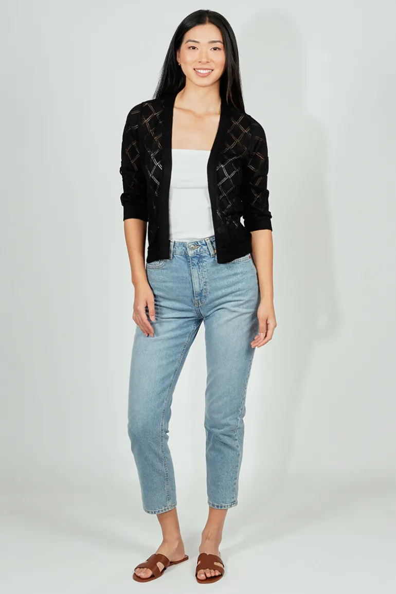 Beechers Brook Diamond Knit 3/4 Sleeve Open Cardigan - Black