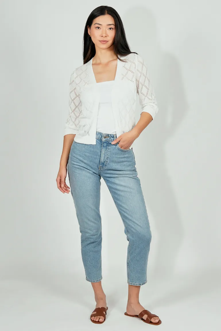 Beechers Brook Diamond Knit 3/4 Sleeve Open Cardigan - White