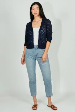 Beechers Brook Diamond Knit 3/4 Sleeve Open Cardigan - Navy