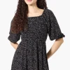 Beechers Brook Dotted Puff Sleeve Smocked Day Dress - Black