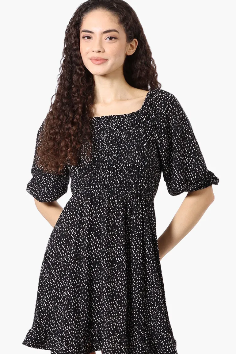 Beechers Brook Dotted Puff Sleeve Smocked Day Dress - Black