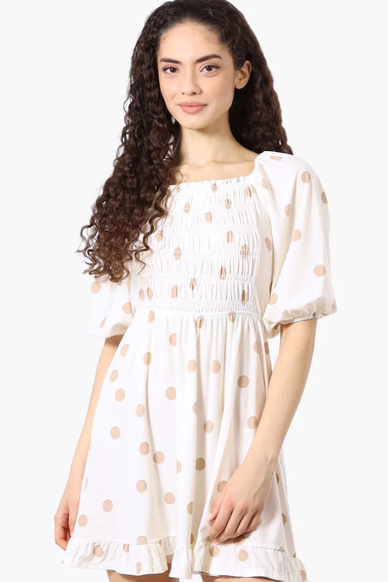 Beechers Brook Dotted Puff Sleeve Smocked Day Dress - White