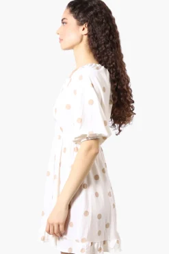 Beechers Brook Dotted Puff Sleeve Smocked Day Dress - White