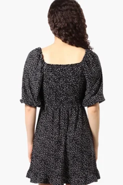 Beechers Brook Dotted Puff Sleeve Smocked Day Dress - Black