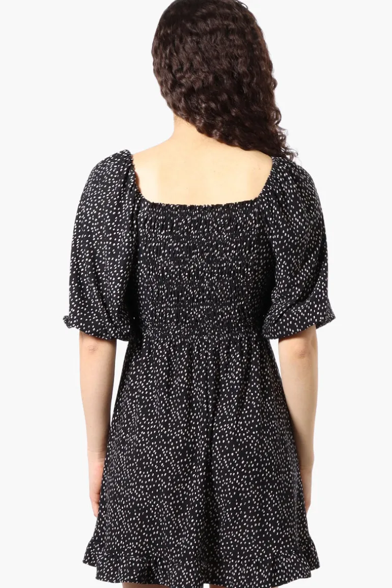 Beechers Brook Dotted Puff Sleeve Smocked Day Dress - Black