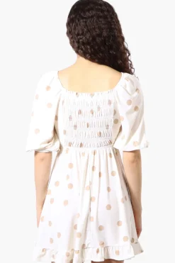 Beechers Brook Dotted Puff Sleeve Smocked Day Dress - White