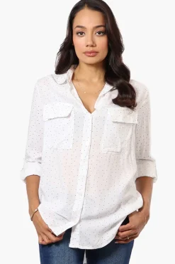 Beechers Brook Dotted Roll Up Sleeve Blouse - White