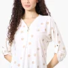 Beechers Brook Dotted Roll Up Sleeve Half Zip Blouse - White