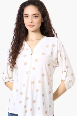 Beechers Brook Dotted Roll Up Sleeve Half Zip Blouse - White