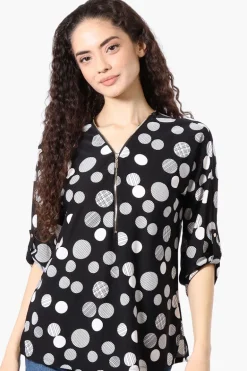 Beechers Brook Dotted Roll Up Sleeve Half Zip Blouse - Black