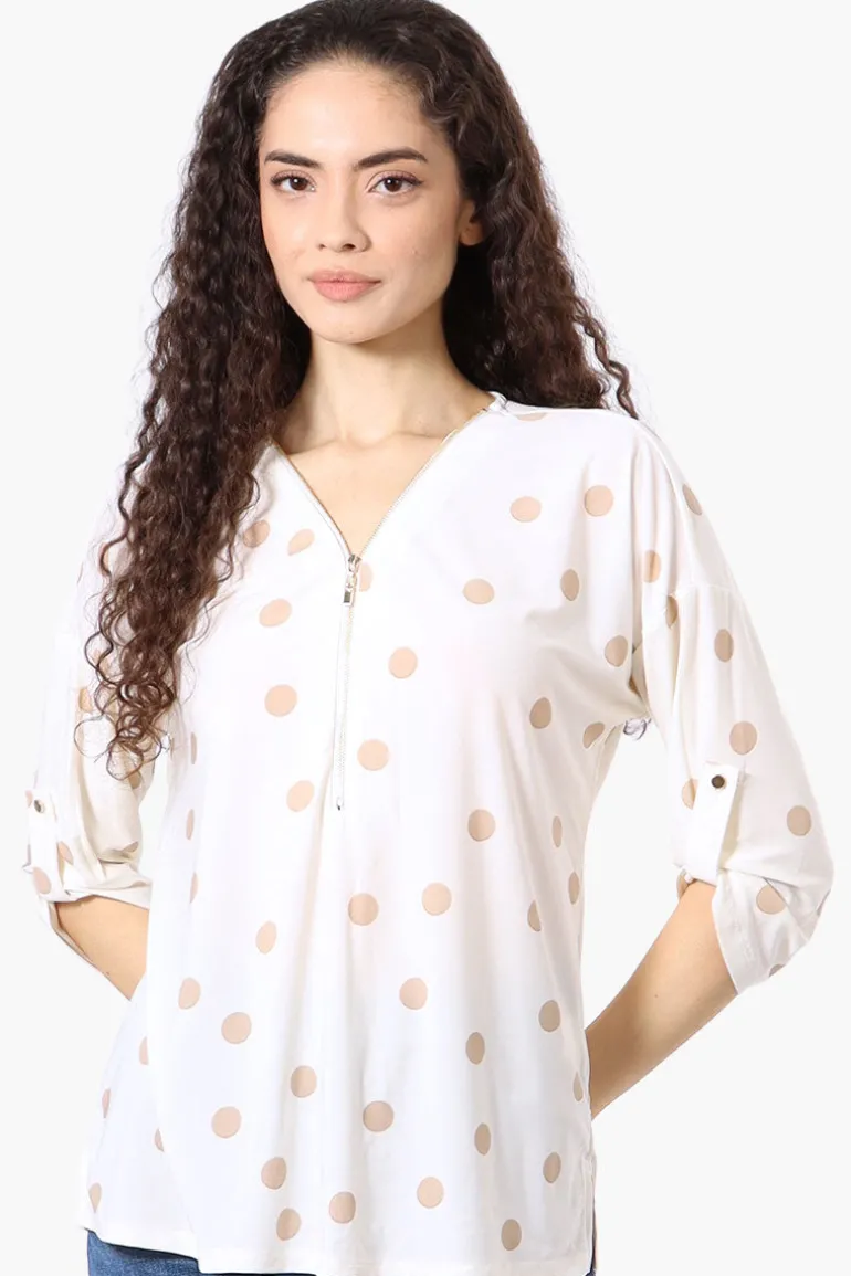 Beechers Brook Dotted Roll Up Sleeve Half Zip Blouse - White