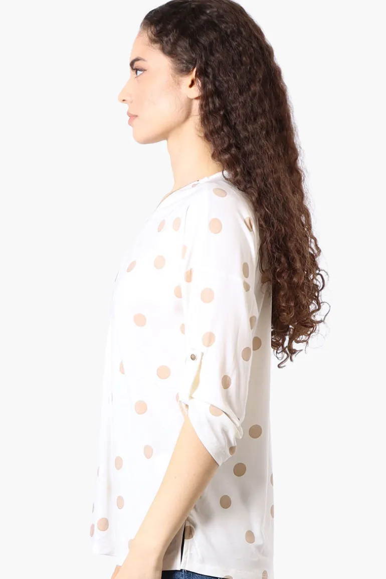 Beechers Brook Dotted Roll Up Sleeve Half Zip Blouse - White