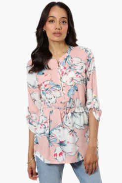 Beechers Brook Floral Belted Roll Up Sleeve Blouse - Pink