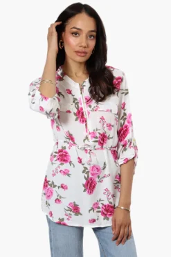 Beechers Brook Floral Belted Roll Up Sleeve Blouse - White